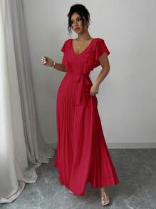 Elenzga V-Neck Ruffle Waist A-Line Elegant Romantic Dress For Women - Red - View 2