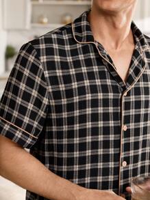 CoupledUp Plaid Collar Button-Up Short Sleeve & Shorts Men Pajama Set - Black - View 3