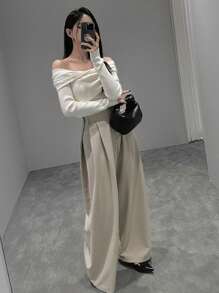 DAZY Pantaloni casual a gamba ampia e morbidi, con decorazioni a bottone e pieghe, per tutte le stagioni