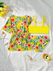 3pcs/Set Toddler Swimwear Set, Random Prints With Ruffle Trim - Yellow - View 2