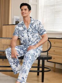 Manfinity Chinese Style Figure & Landscape Print Men Short Sleeve Sleeve Pajama Set With Collar - Multicolor - View 4