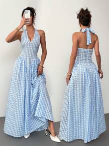Siren Gaze 女士腰部褶饰挂脖伞形下摆连衣裙、格子连衣裙、长裙、夏季女士服装 - 藍白色 - 查看 8