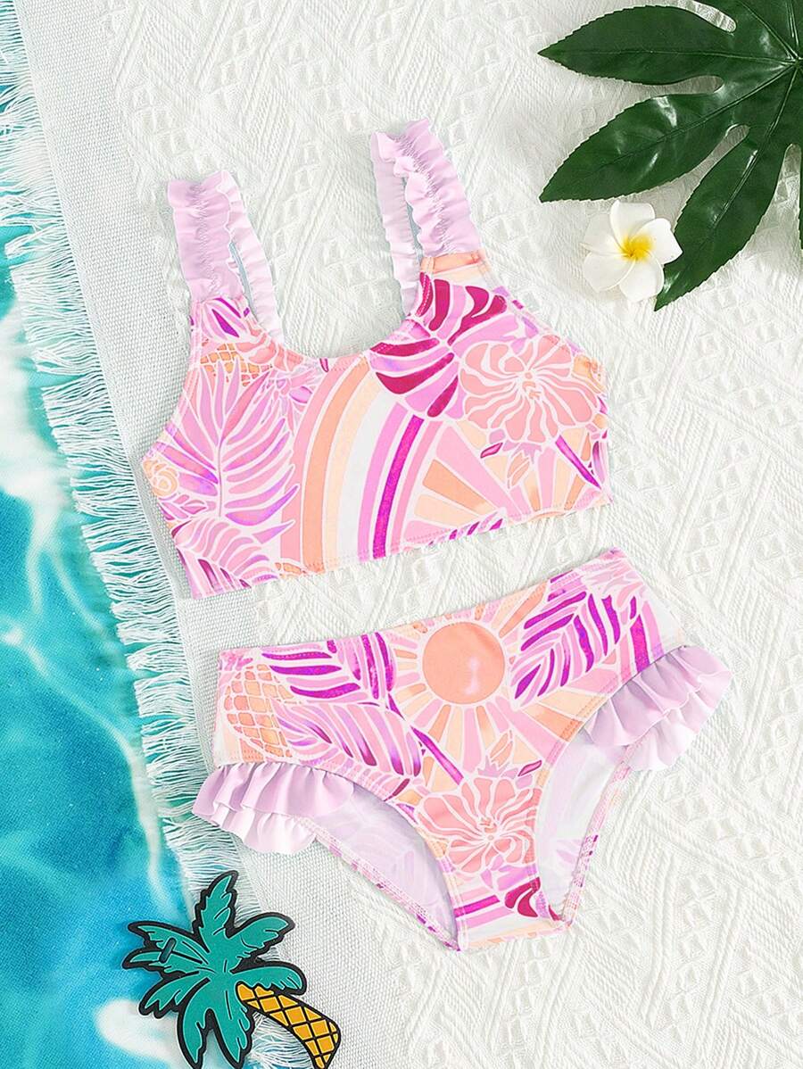 SHEIN Girl Toddler Vacation Style Printed Ruched Edge Back Halter Bikini Set, Family Matching Outfits Mommy And Me (4 Pieces Sold Separately) - Multicolor - View 1