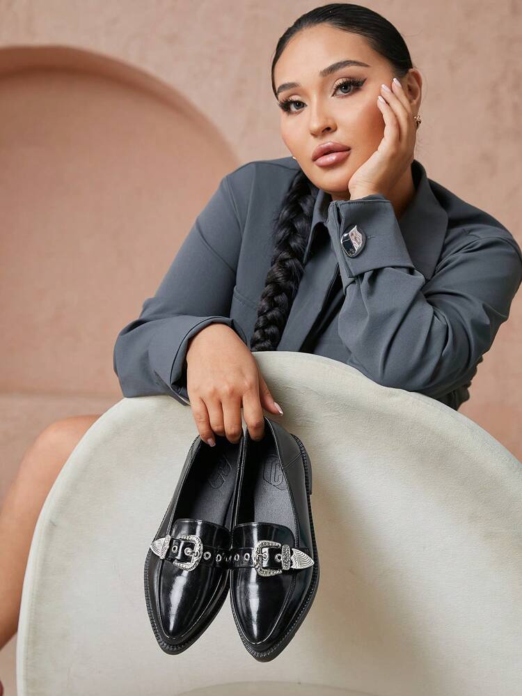 CUCCOO CURVES Plus Size Wide Fit Platform Thick Bottom Pointy Toe Solid Black High Vamp All Season Lace Up Oxfords Loafers For Women