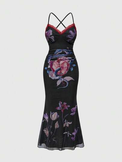 Vintage Garten Schlangenpflanze Blumen-Muster Mesh rückenfrei, sexy Spaghettiträger Kleid für Damen