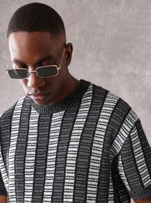 SUMWON Retro Stripe Knit T-Shirt Classic Short Sleeve Crewneck Sweater Top Casual Urban Streetwear Spring Summer Lightweight Premium - Grey - View 3