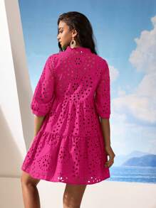 Aveloria Modichic Váy chữ A thêu lỗ ren trơn trang phục đi nghỉ cho nữ - Màu Hồng Tươi - Xem 2