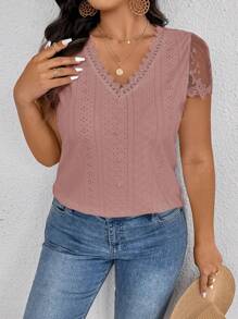 SHEIN Frenchy Plus Size Women's Plain Color Contrast Lace Short Sleeve Burn-Out Embroidery T-Shirt - Dusty Pink - View 2