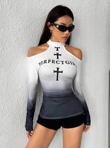 Women's Gradient Letter Print T-Shirt Fall Cloth For Women - Multicolor - View 5