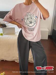 TOM AND JERRY X DAZY Printed Graphic Short Sleeve T-Shirt Top And Solid Color Loose Straight Pants Pajama Set - Pink - View 5
