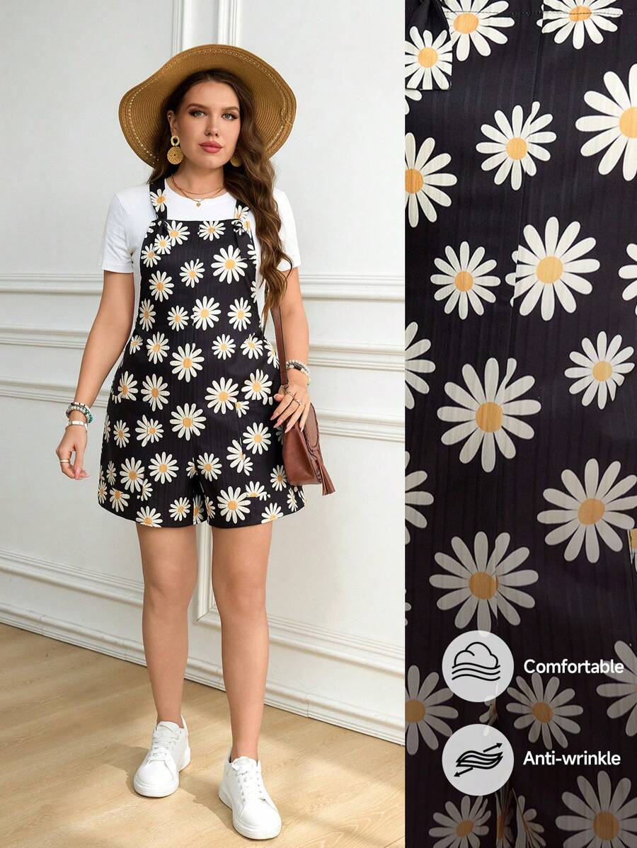 SHEIN LUNE 大码黑色套头短裤，带口袋和小向日葵图案，适合春夏季 - 黑色 - 查看 1