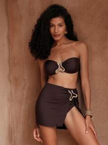 Swim Oasis Bộ 3 đồ bơi nữ màu vàng trơn thời trang lễ hội Boho đi biển: Áo bikini bandeau, quần bikini cạp cao và váy ngắn hở vai đi biển - Cà phê nâu - Xem 3