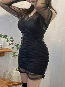 DAZY Mesh Patchwork Sleeveless Short Bodycon Dress,Mini Dress - Black - View 6