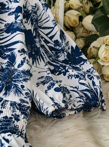 SHEIN LUNE Women's Loose Bubble Sleeve V-Neck Jumpsuit, High Waist Slimming Celadon Print Straight Leg Wide Leg Overall - Blue and White - View 5