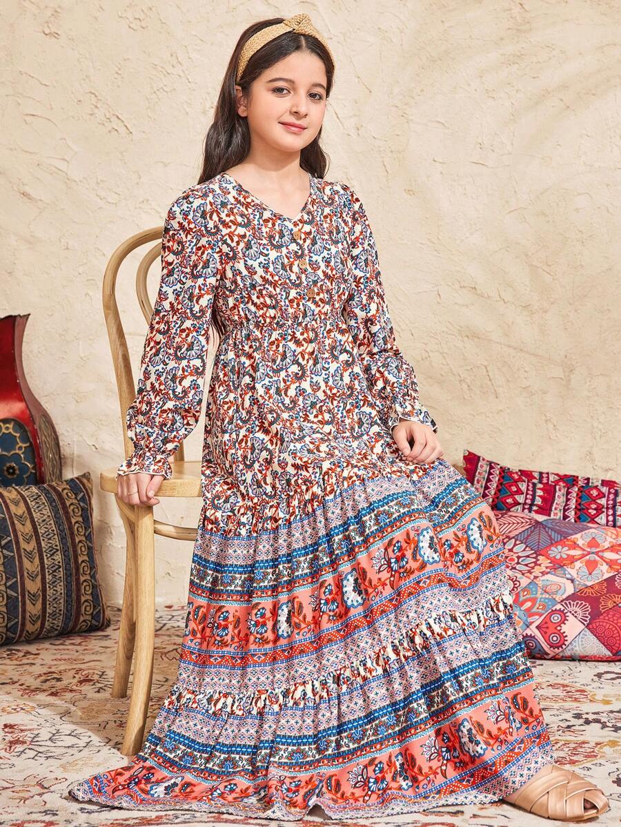 SHEIN Leap Crew Tween Girls Loose V-Neck Long Sleeve Ruffle Sleeve Print Long Dress - Coral Orange - View 1