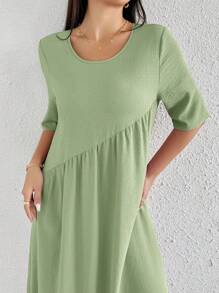 Mulvari Women's Casual Olive Green Long Dress: Semi-Sheer Woven Fabric, Short Sleeves, And A Round Neckline - Olive Green - View 5