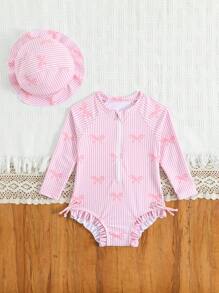 1 pièce Maillot de bain une pièce à manches longues avec imprimé papillon pour filles, avec chapeau inclus