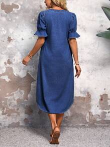 EMERY ROSE Ladies' Solid Color Simple Daily Short Sleeve Denim Dress - Dark Wash - View 2