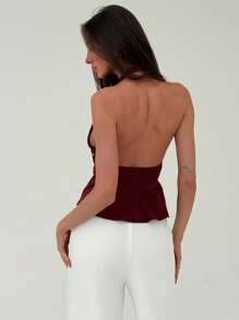 Aloruh Regata Feminina Sexy com Decote em V Profundo, Bainha com Babado e Tachas - Vinho - Visão 3