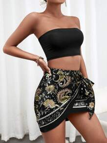 SHEIN SXY Plus Size Women Floral Retro Print Criss-Cross Tie Waist A-Line Midi Skirt, Suitable For Early Spring, Spring & Summer, Rainforest, Beach Party, Seaside Vacation, Bonfire Party, Cool & Lightweight, Slim Fit, Comfortable To Wear, Easy To Match, Flattering Figure