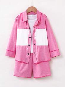 SHEIN Conjunto de 2 Peças Vintage Lavado com Bainha de Denim para Menina Jovem - Rosa chiclete - Visão 1