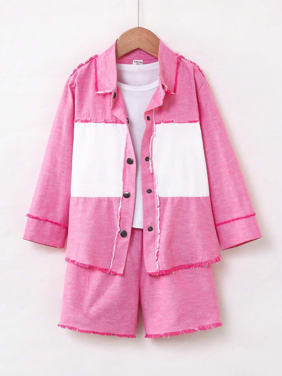 SHEIN Conjunto de 2 Peças Vintage Lavado com Bainha de Denim para Menina Jovem - Rosa chiclete - Visão 1
