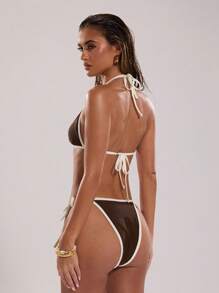 SHEIN BAE Women's Solid Color Halter Tie Sexy Bikini Swimsuit Set, Summer Beach - Brown - View 2