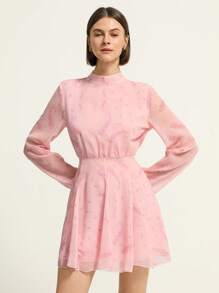 SHEIN Unity Vestido corto de manga larga de gasa con estampado floral, adecuado para el Día de San Valentín, primavera y verano - Rosa - View 6