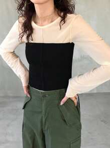 FRIFUL Áo thun nữ dáng ôm vừa vặn, mỏng nhẹ, cổ tròn, tay dài - Màu be - Xem 2