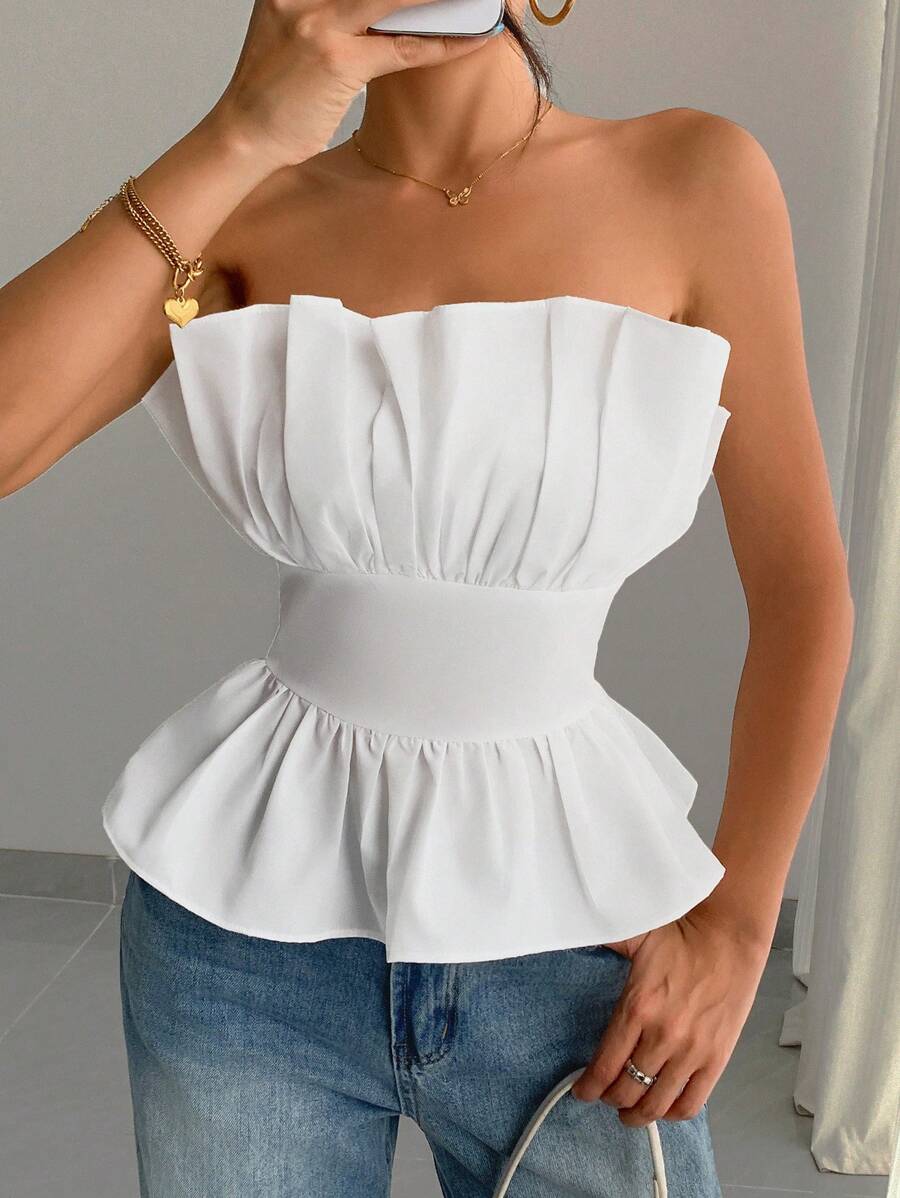 INAWLY Off Shoulder Ruffled Hem Crop Top Peplum - White - View 1