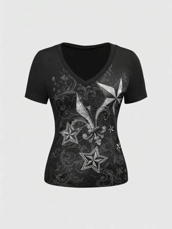 Goth Camiseta ajustada de cuello en v con estampado vintage de estrella y flor de iris para mujer, para verano