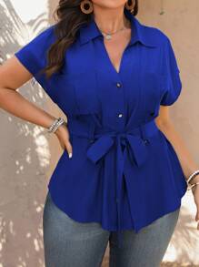 Vionelle Women's Plus Size Elegant Solid Color V-Neck Short Sleeve Blouse With Tie Belt, Decorative Metal Button, Suitable For Commute, Casual And Holiday