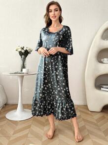 Ruffled Ditsy Floral Long Nightgown Babydoll Perfect Summer - Dark Grey - View 3