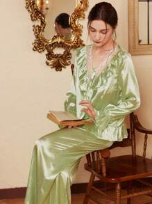 Côtesoire French Vintage Embroidered Lace V-Neck Ruffles Patchwork Faux Silk Pajama Set - Green - View 4