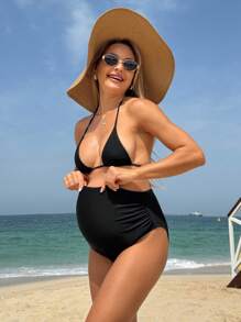SHEIN Traje de baño de maternidad Bottom de cintura alta con cobertura total y compresión alta, shorts de natación con pliegues laterales, talla grande