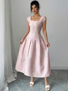 SHEIN Tall 女式 2025 新款提花面料优雅休闲中长连衣裙 - 粉色 - 查看 1