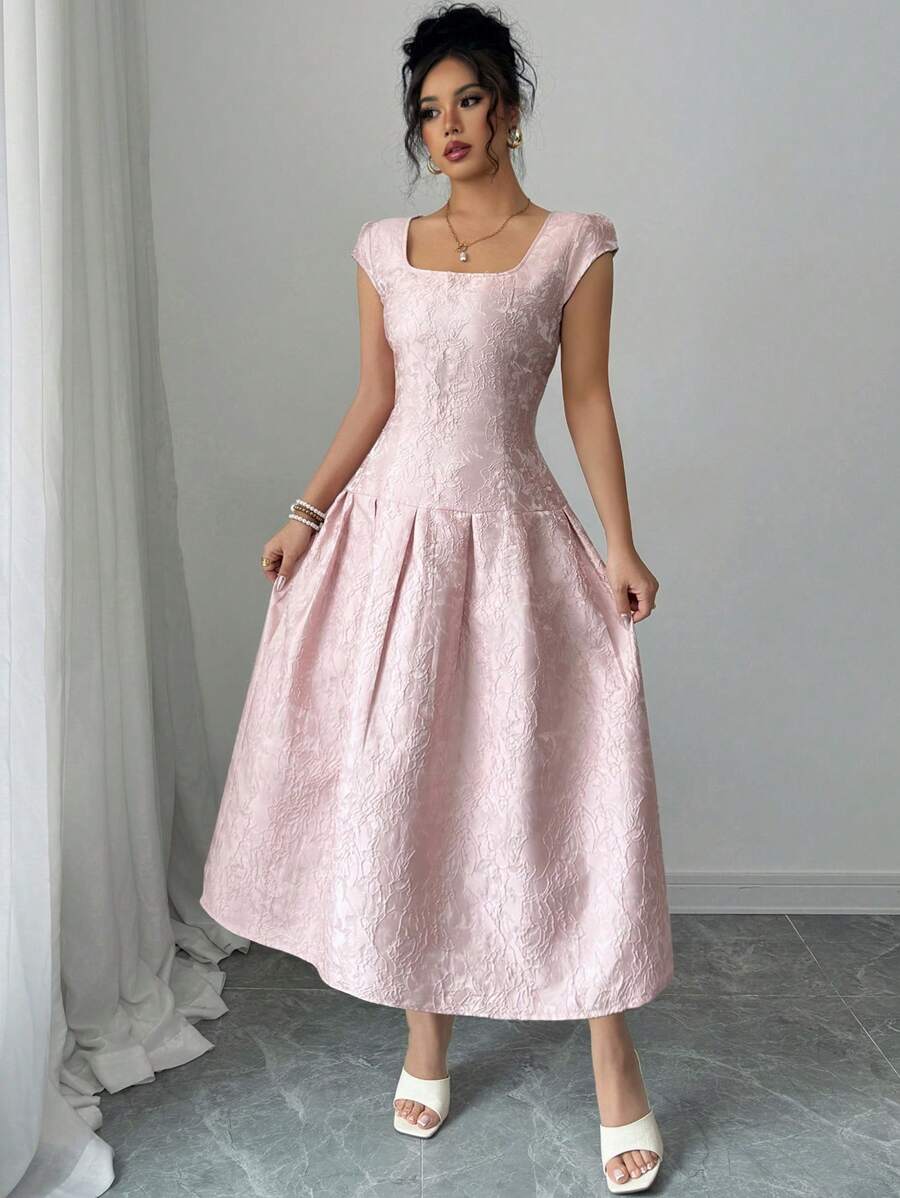 SHEIN Tall 女式 2025 新款提花面料优雅休闲中长连衣裙 - 粉色 - 查看 1