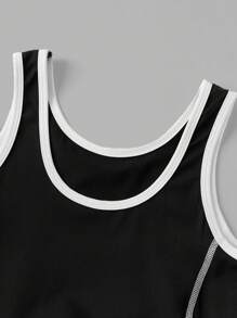 SHEIN Tween Girls' Black U-Neck Contrast Color Jumpsuit Dress With Safety Shorts, Suitable For Sports, Running, Cycling, Fitness, Basketball, Soccer, Tennis, Badminton, Fashionable - Black - View 3