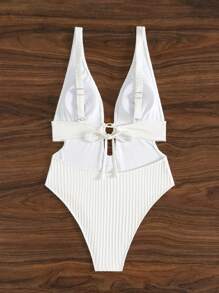 Swim SXY 全新夏季纯色纹理面料环 V 领露背吊带海滩度假连体泳衣 - 白色 - 查看 6