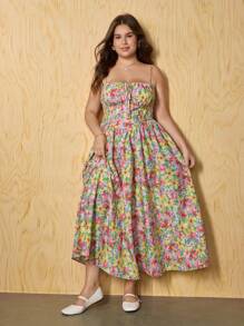 SHEIN MOD 大码女式花卉印花前系带休闲吊带裙，适合度假夏季女士连衣裙茶会连衣裙女装夏季连衣裙女式连衣裙太阳裙女式太阳裙女式复活节连衣裙女式长裙女式超长连衣裙女式连衣裙花卉、紧身胸衣连衣裙