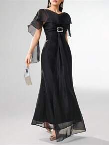 Modelyn Vestido largo elegante de mujer con malla de contraste, casual y minimalista para uso diario