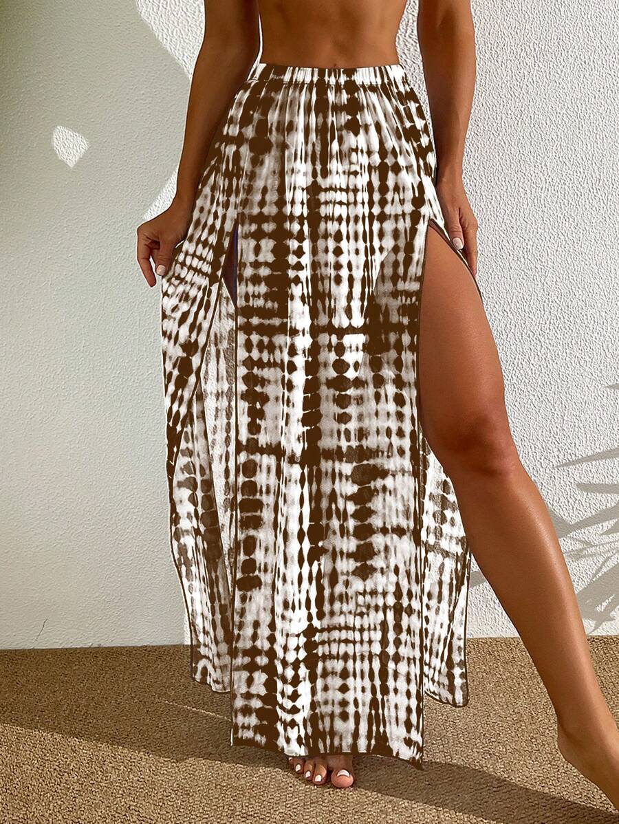 SHEIN Swim Women's Batik Print High Slit Beach Coverup & Skirt Set, For Vacation For Summer - Khaki - View 1