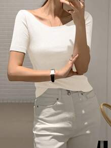 DAZY 女士圆领修身短袖优雅 T 恤，灰色，春夏，商务休闲女士 - 白色 - 查看 8