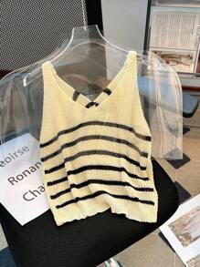 Franclia Nouveau débardeur tricoté court à encolure en V avec nœud torsadé rayé pour femmes, chemise tricotée sans manches à coupe ample et polyvalente - Multicolore - Voir 1