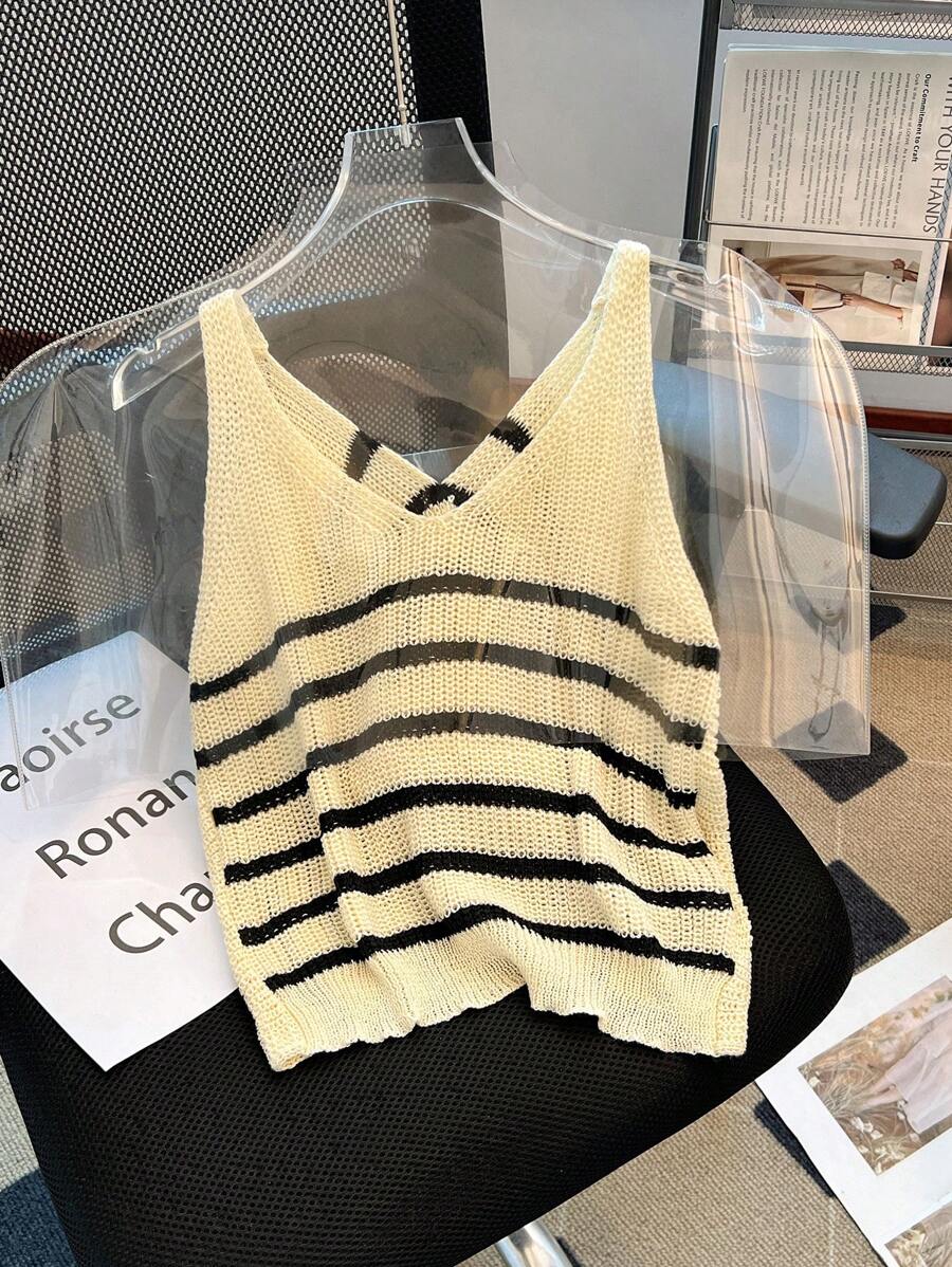 Franclia Nouveau débardeur tricoté court à encolure en V avec nœud torsadé rayé pour femmes, chemise tricotée sans manches à coupe ample et polyvalente - Multicolore - Voir 1