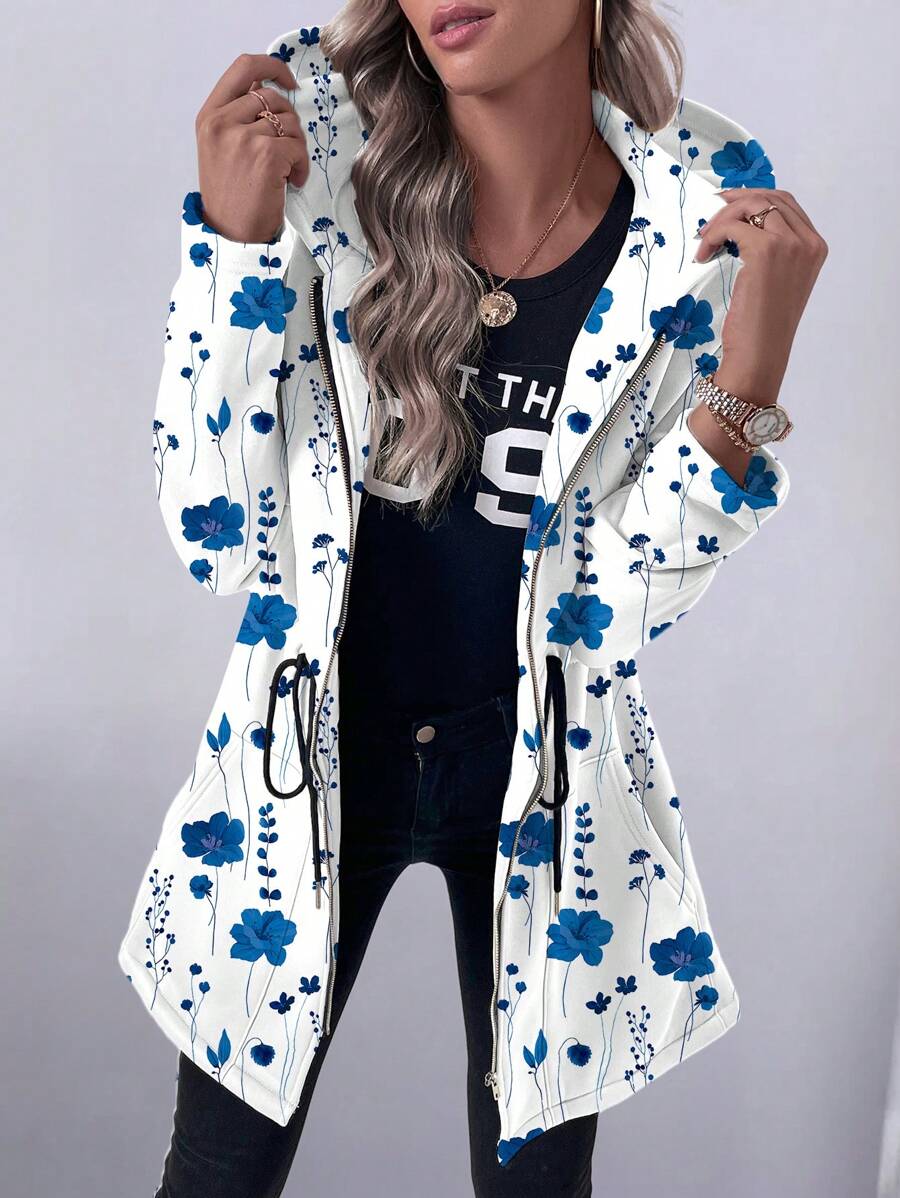 SHEIN LUNE 女士休闲度假抽绳口袋连帽运动衫，毛绒图案印花长款轻便夹克 - 藍白色 - 查看 1