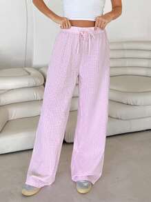 Chiquease Women's Drawstring Tie Plaid Casual Straight Leg Pants - Pink - View 6