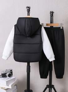 SHEIN 3 件套年轻男孩休闲校园风格舒适经典连帽背心、圆领羊毛运动衫和裤子，适合秋冬季日常穿着、上学、外出和运动 - 黑色 - 查看 2