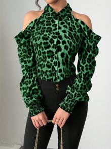 Chiquease Women's Animal Print Open Shoulder Long Sleeve Blouse, Spring/Summer - Green - View 6