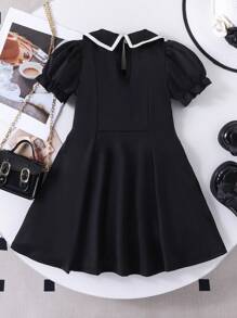 SHEIN Elladie kids Young Girls Black Knitted Collar Puff Sleeve Pearl Button Closure Dress, Elegant Office/Casual Dress For Children, Summer - Black - View 2